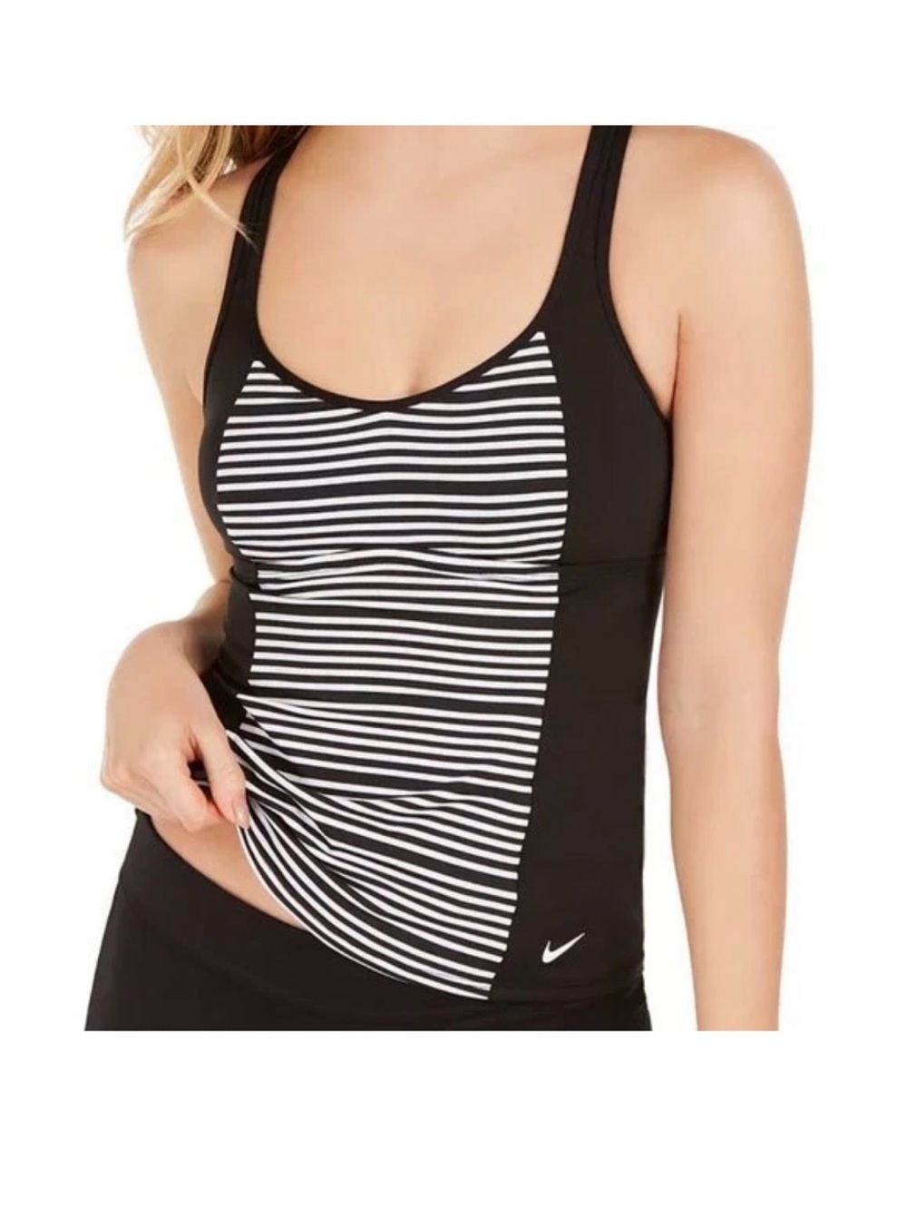 Nike DriFit Swim Women’s Black Tank with White Striped Front Panel